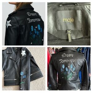 Maje black leather biker jacket, featuring embroidered blue floral details